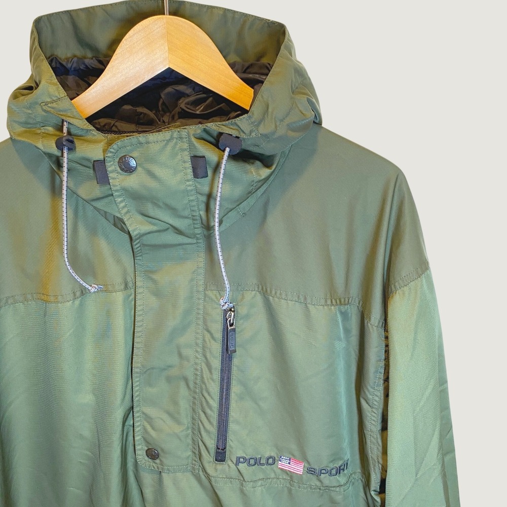 Vintage 90s Polo Sport Sportsman Anorak Jacket Green Hooded Ripstop Pullover L